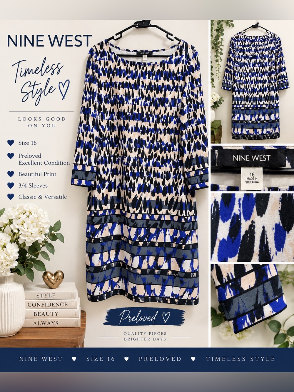 Title: Nine West Abstract Print Shift Dress Size 16 Blue Black Preloved
